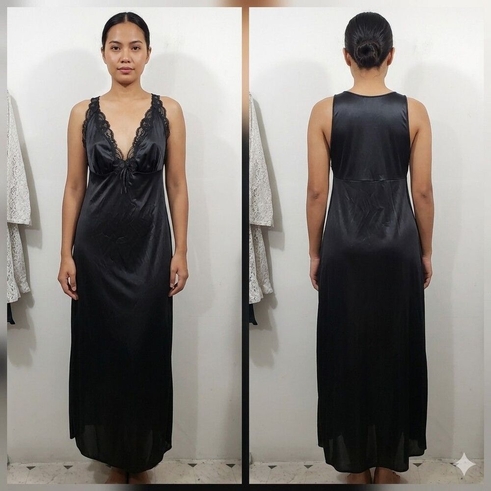 Vintage Nightgown Vanity Fair Silky Maxi Black Nylon Lace Trim Slip Womens S/M